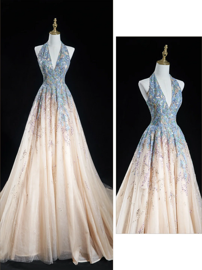 Robe de bal intemporelle à col licou, bleu champagne, paillettes, longue, pour adolescentes, tenue de soirée, tenue d'anniversaire, robe de bal RB1848