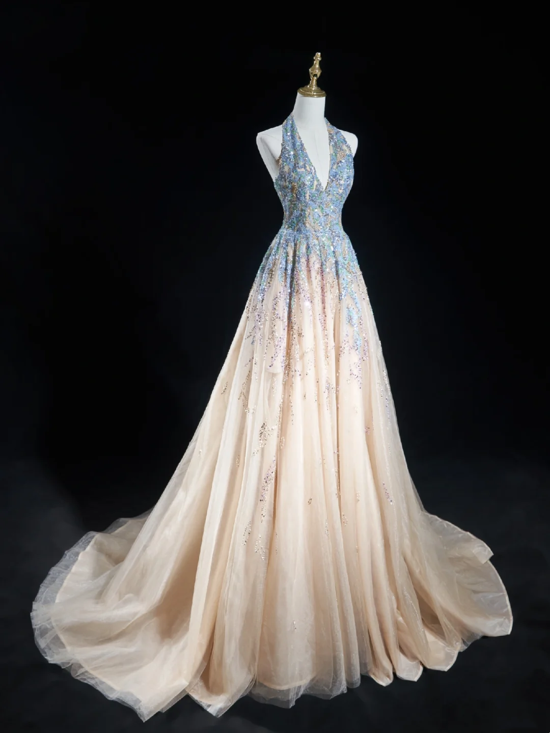 Robe de bal intemporelle à col licou, bleu champagne, paillettes, longue, pour adolescentes, tenue de soirée, tenue d'anniversaire, robe de bal RB1848