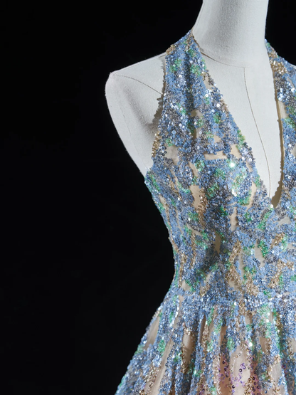 Robe de bal intemporelle à col licou, bleu champagne, paillettes, longue, pour adolescentes, tenue de soirée, tenue d'anniversaire, robe de bal RB1848