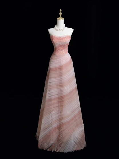 Robe de bal intemporelle sans bretelles en tulle rose perlé, longue robe de bal pour adolescentes, tenue de soirée, tenue d'anniversaire, robe de bal RB1849