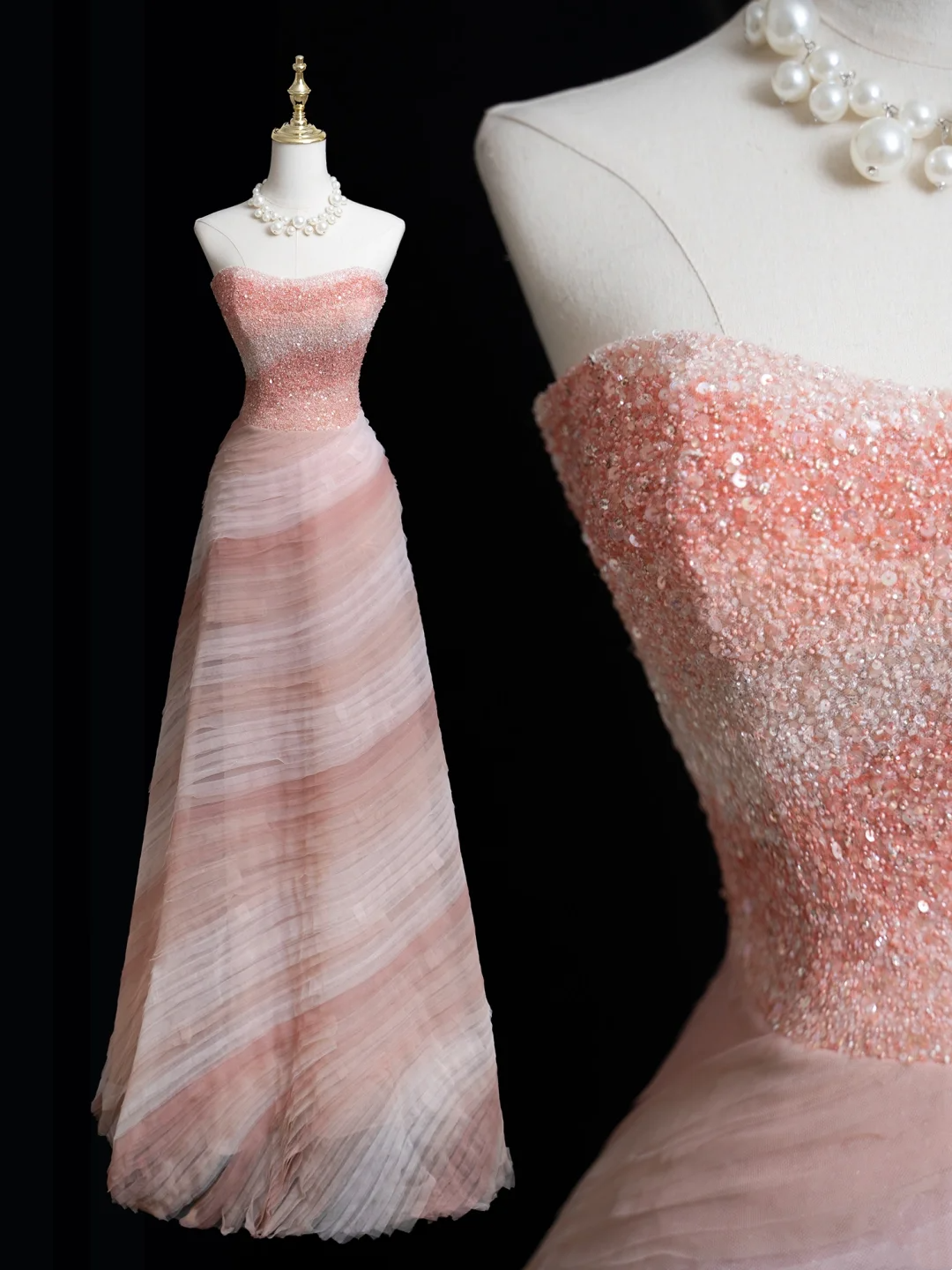 Robe de bal intemporelle sans bretelles en tulle rose perlé, longue robe de bal pour adolescentes, tenue de soirée, tenue d'anniversaire, robe de bal RB1849