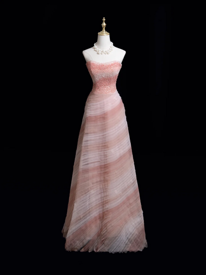 Robe de bal intemporelle sans bretelles en tulle rose perlé, longue robe de bal pour adolescentes, tenue de soirée, tenue d'anniversaire, robe de bal RB1849