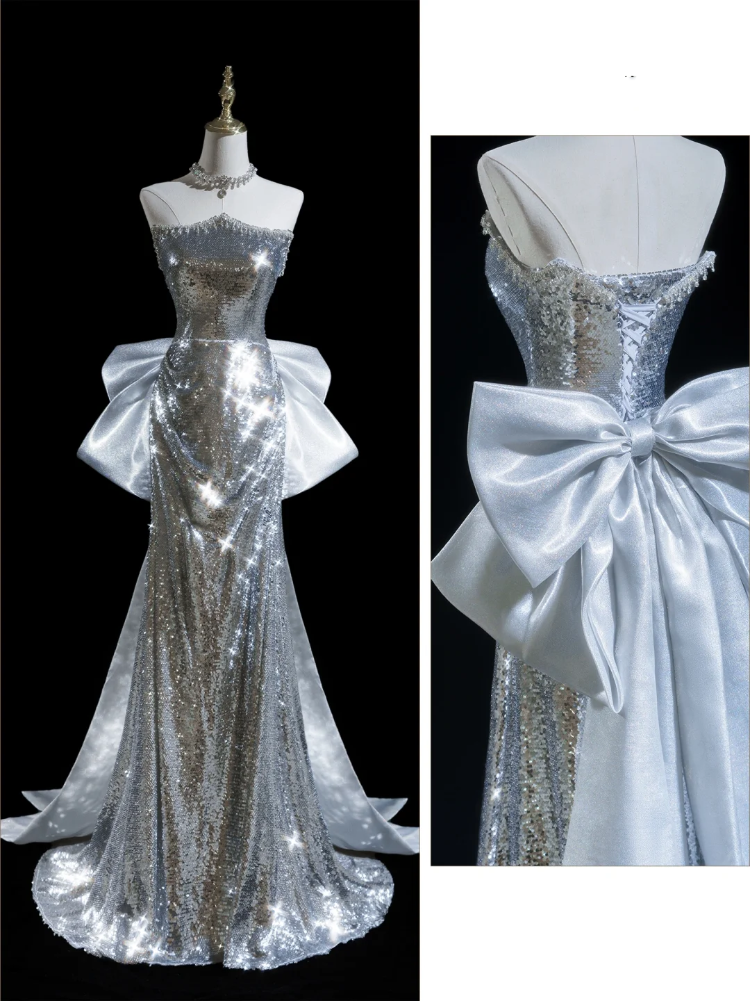 Glitter Mermaid Strapless Sequin Silver Long Prom Dresses For Teens Formal Dress Birthday Outfits Prom Gown RB1919