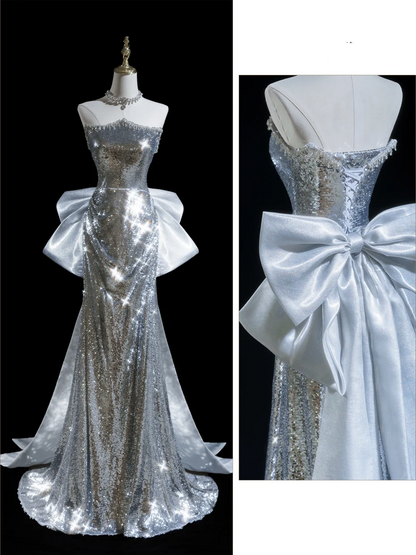 Glitter Mermaid Strapless Sequin Silver Long Prom Dresses For Teens Formal Dress Birthday Outfits Prom Gown RB1919