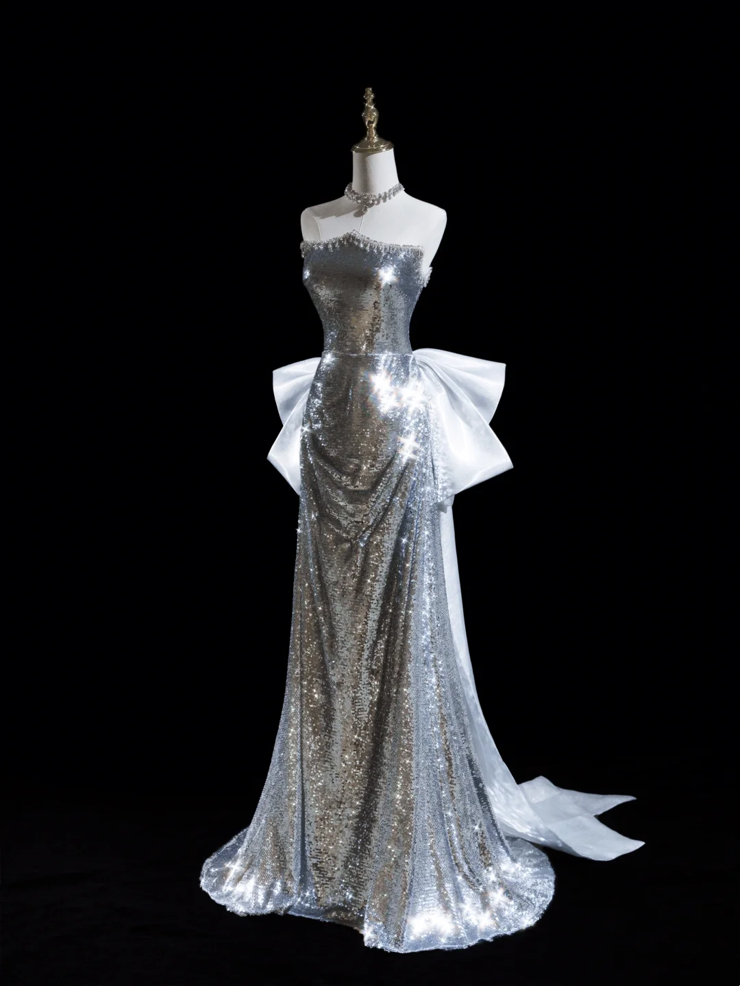 Robe de bal longue argentée à paillettes style sirène, sans bretelles, pour adolescentes, tenue de soirée, d'anniversaire, RB1851