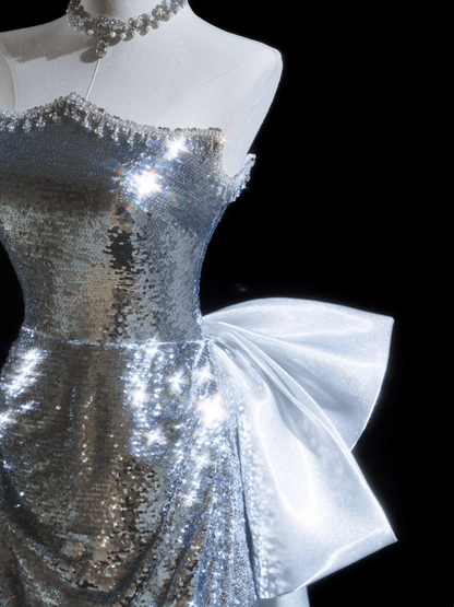 Glitter Mermaid Strapless Sequin Silver Long Prom Dresses For Teens Formal Dress Birthday Outfits Prom Gown RB1919