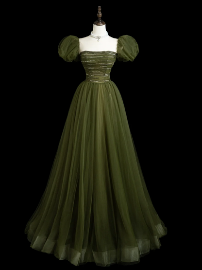 Retro A line Strapless Tulle Olive Green Tulle Long Prom Dresses Impress 18th Birthday Outfits Prom Gown RB1854