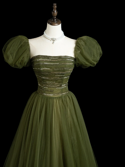 Retro A line Strapless Tulle Olive Green Tulle Long Prom Dresses Impress 18th Birthday Outfits Prom Gown RB1854