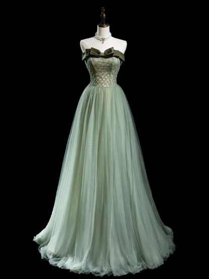 Robe de bal longue en tulle vert clair, coupe trapèze rétro, sans bretelles, tenue de bal pour 18e anniversaire, RB1855