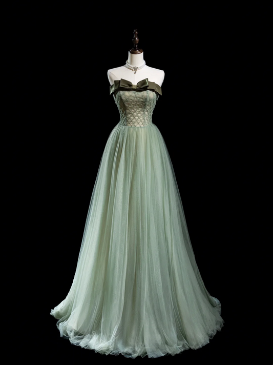 Retro A line Strapless Tulle Light Green Long Prom Dresses Impress 18th Birthday Outfits Prom Gown RB1855
