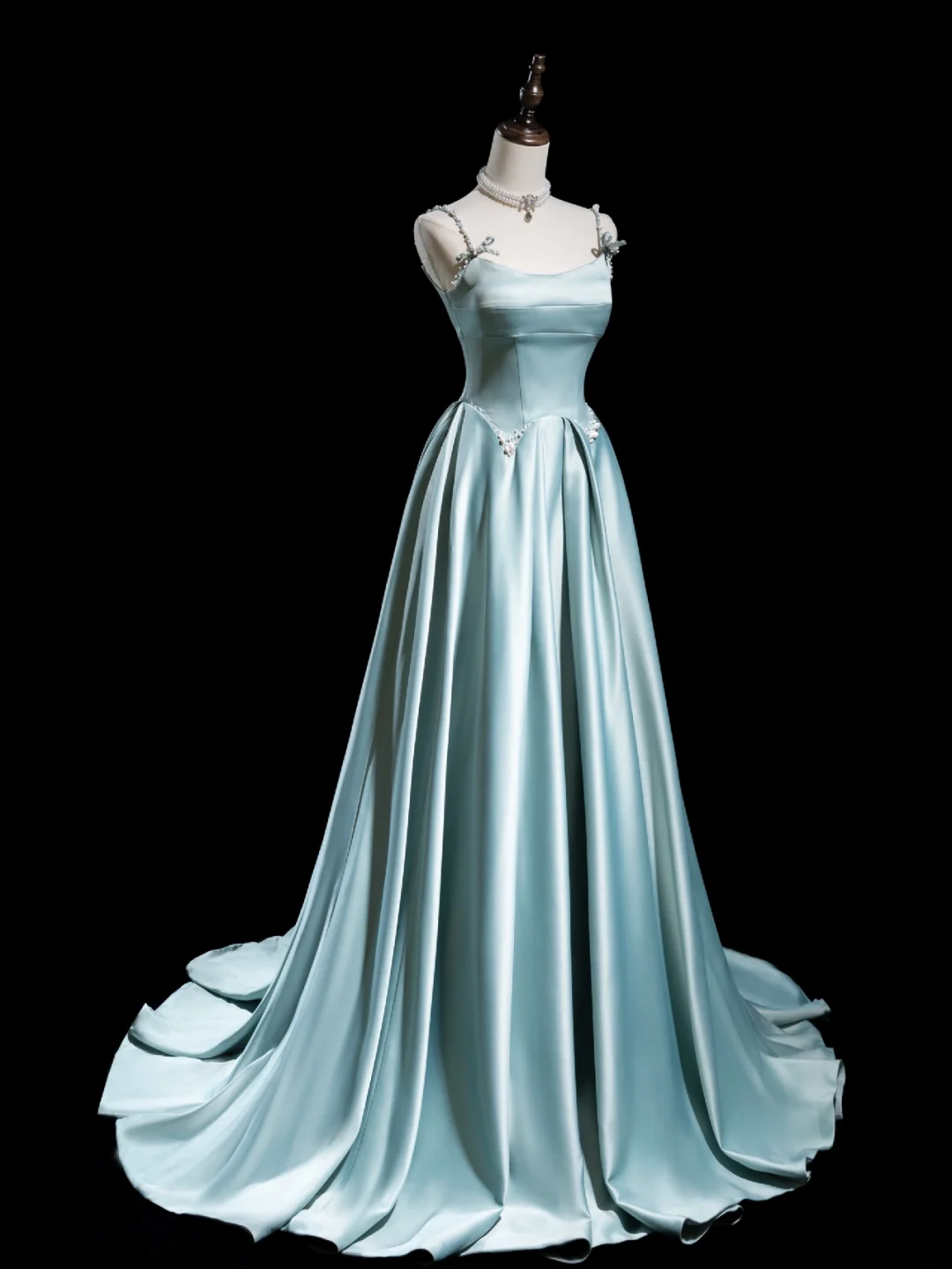 Retro A line Spaghetti Strap Light Sky Blue Satin Long Prom Dresses Impress 18th Birthday Outfits Prom Gown RB1856