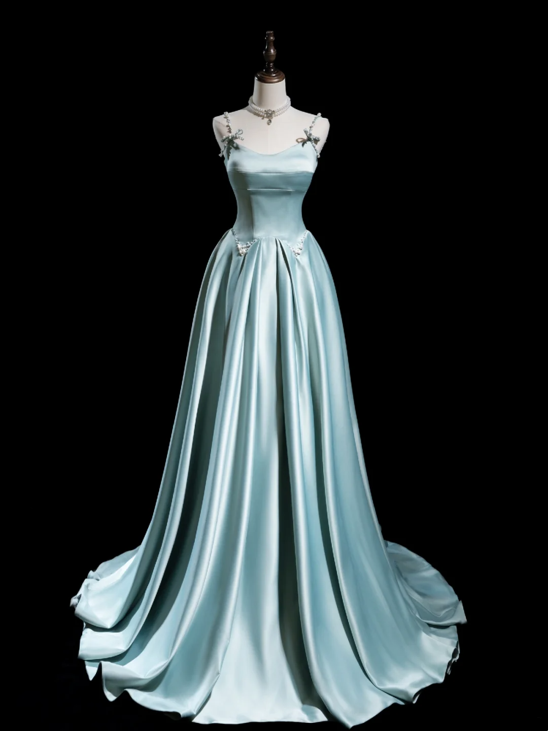 Retro A line Spaghetti Strap Light Sky Blue Satin Long Prom Dresses Impress 18th Birthday Outfits Prom Gown RB1856