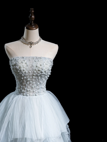 Timeless Ball Gown Strapless Light Sky Blue Tulle Long Prom Dresses For Teens Formal Dress Floor Length Prom Gown RB1857