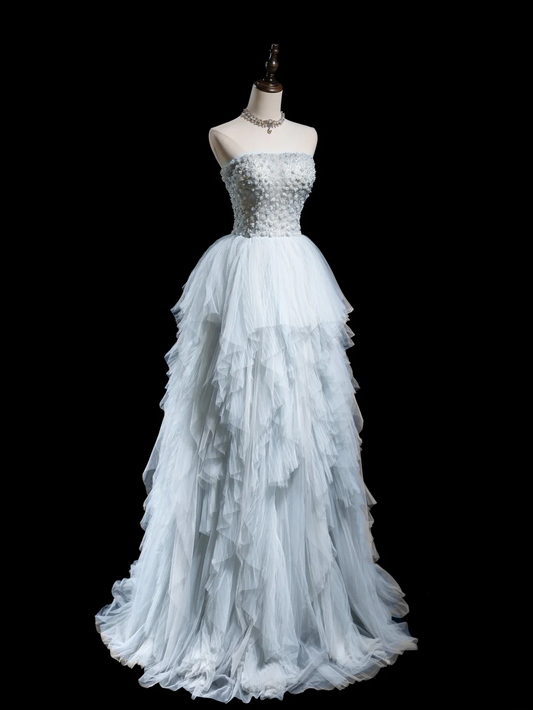 Timeless Ball Gown Strapless Light Sky Blue Tulle Long Prom Dresses For Teens Formal Dress Floor Length Prom Gown RB1857