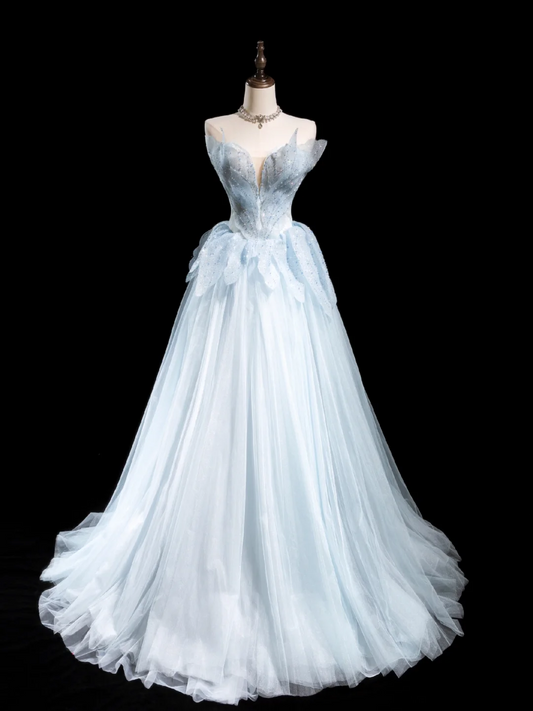 Vintage Ball Gown Strapless Light Sky Blue Tulle Long Prom Dresses For Teens Formal Dress Floor Length Prom Gown RB1858