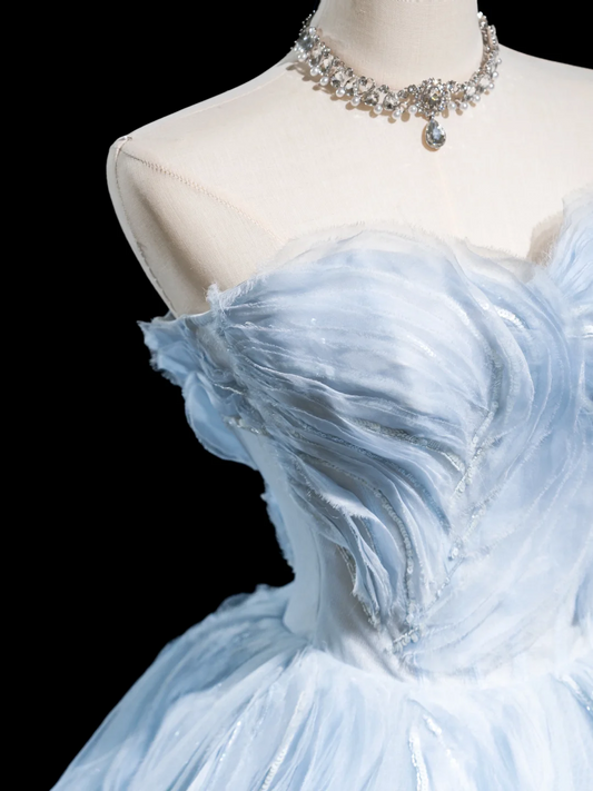 Vintage Ball Gown Strapless Light Sky Blue Tulle Pleated Long Prom Dresses For Teens Formal Dress Formal Dress Prom Gown RB1861