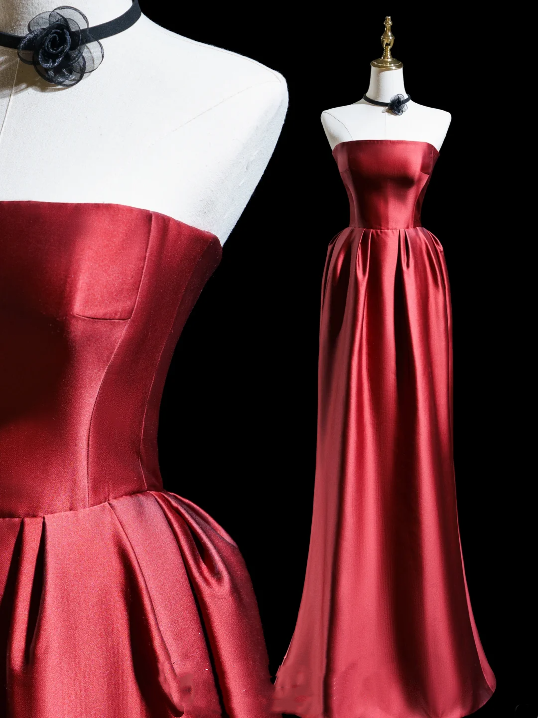 Robe de bal longue en satin bordeaux, coupe trapèze rétro, sans bretelles, tenue de bal impressionnante pour un 18e anniversaire, RB1864