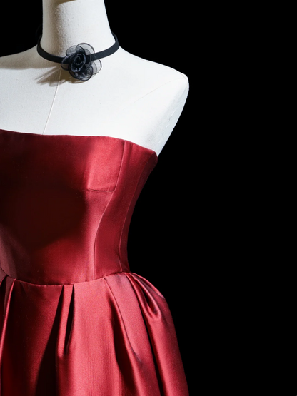 Robe de bal longue en satin bordeaux, coupe trapèze rétro, sans bretelles, tenue de bal impressionnante pour un 18e anniversaire, RB1864