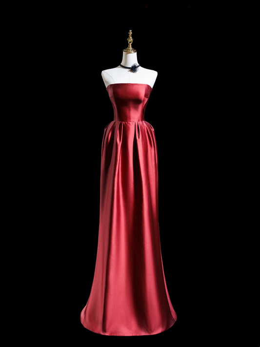 Retro A Line Strapless Burgundy Satin Long Prom Dresses Impress 18th Birthday Outfits Prom Gown RB1864