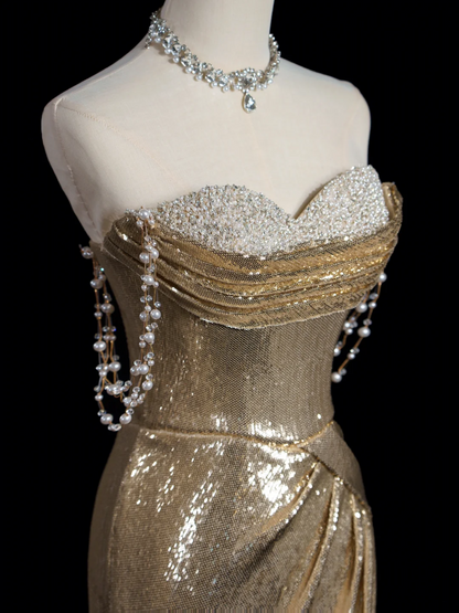 Sparkle Mermaid Sweetheart Gold Sequin Long Prom Dresses Impress 18th Birthday Outfits Prom Gown RB1866