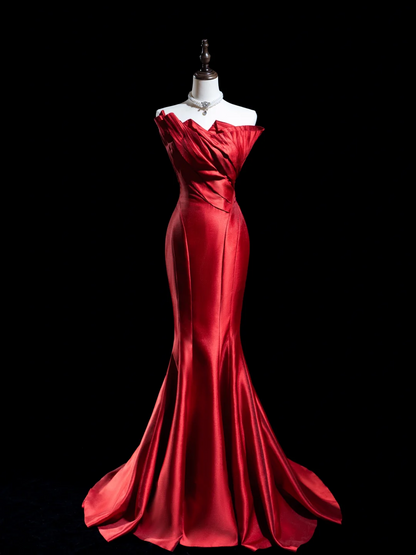 Retro Mermaid Strapless Burgundy Satin Long Prom Dresses Impress 18th Birthday Outfits Prom Gown RB1867