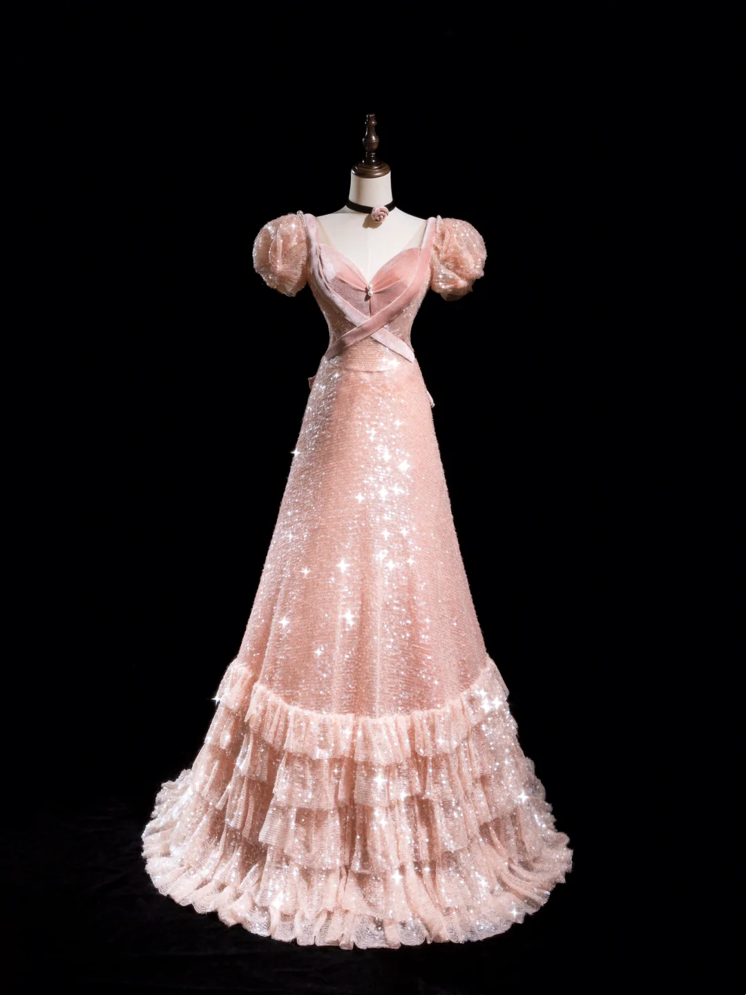 Retro-A-Linien-Abendkleid aus rosafarbenem Samt mit Pailletten – ein beeindruckendes Outfit für den 18. Geburtstag (R1870)