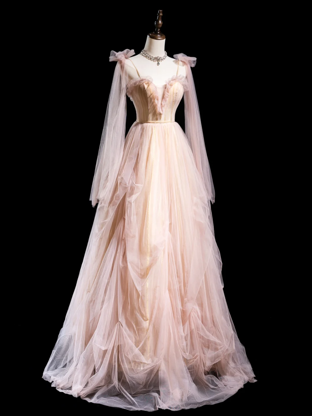 Niedliches Ballkleid mit Spaghettiträgern, hellrosa, plissiertem Tüll, langes Abendkleid für Teenager, formelles Kleid, Ballkleid AB852