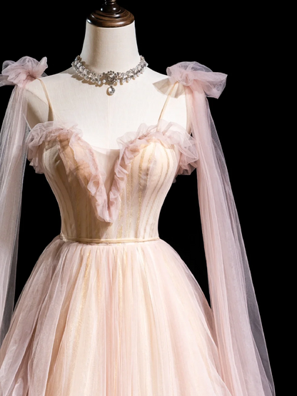 Niedliches Ballkleid mit Spaghettiträgern, hellrosa, plissiertem Tüll, langes Abendkleid für Teenager, formelles Kleid, Ballkleid AB852