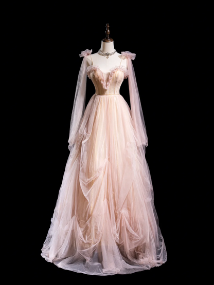 Niedliches Ballkleid mit Spaghettiträgern, hellrosa, plissiertem Tüll, langes Abendkleid für Teenager, formelles Kleid, Ballkleid AB852