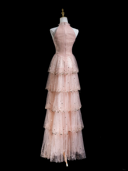 Robe de bal longue style rétro, coupe trapèze, col montant, paillettes rose blush, tenue de bal pour un 20e anniversaire, RB1872