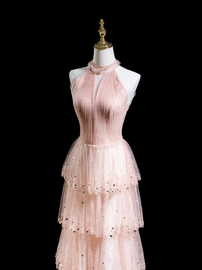 Robe de bal longue style rétro, coupe trapèze, col montant, paillettes rose blush, tenue de bal pour un 20e anniversaire, RB1872