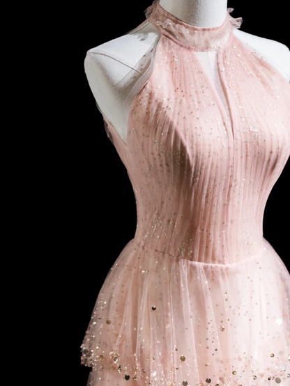 Robe de bal longue style rétro, coupe trapèze, col montant, paillettes rose blush, tenue de bal pour un 20e anniversaire, RB1872