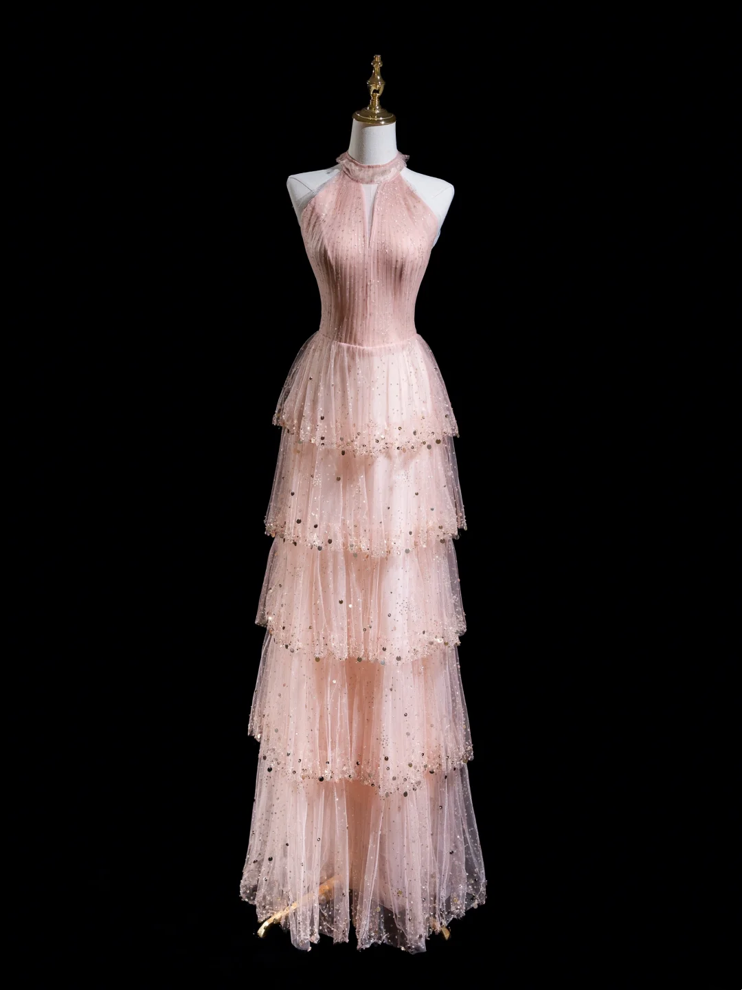 Robe de bal longue style rétro, coupe trapèze, col montant, paillettes rose blush, tenue de bal pour un 20e anniversaire, RB1872