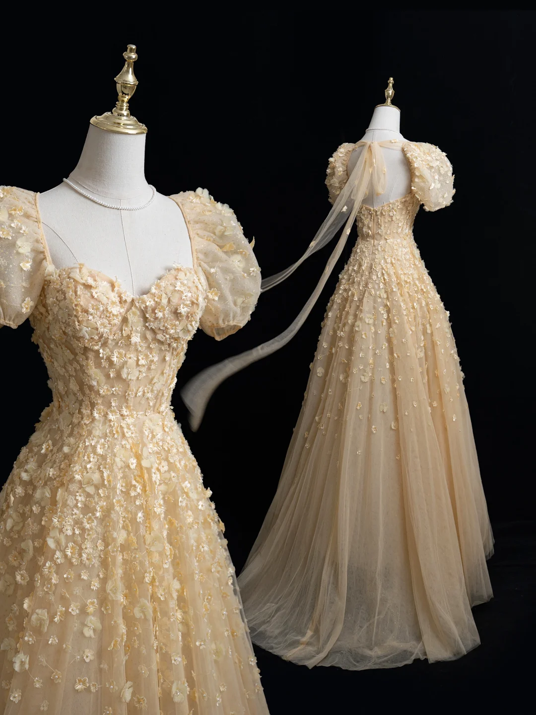 Robe de bal longue princesse trapèze à col carré et tulle doré à fleurs, tenue impressionnante pour un 20e anniversaire, robe de bal RB1875