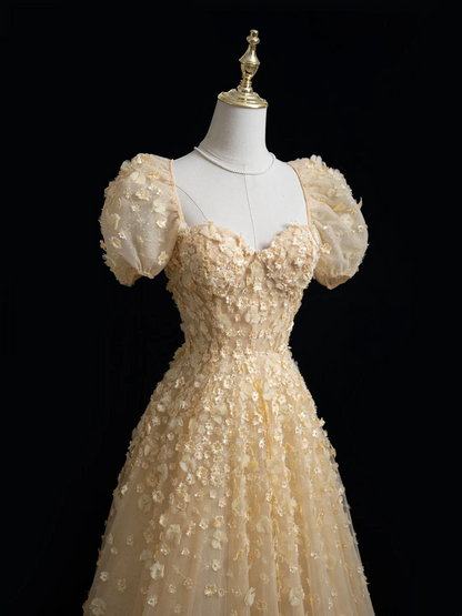 Robe de bal longue princesse trapèze à col carré et tulle doré à fleurs, tenue impressionnante pour un 20e anniversaire, robe de bal RB1875