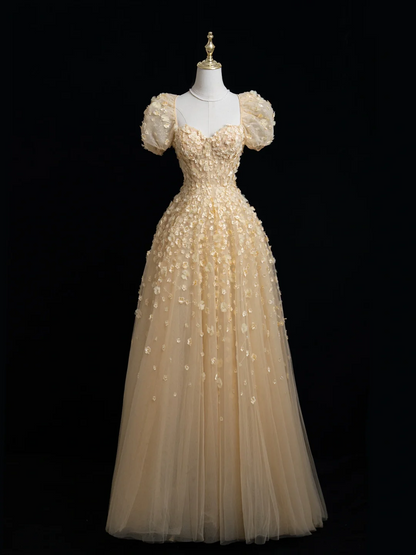 Robe de bal longue princesse trapèze à col carré et tulle doré à fleurs, tenue impressionnante pour un 20e anniversaire, robe de bal RB1875