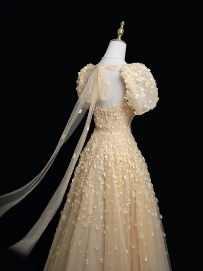 Robe de bal longue princesse trapèze à col carré et tulle doré à fleurs, tenue impressionnante pour un 20e anniversaire, robe de bal RB1875
