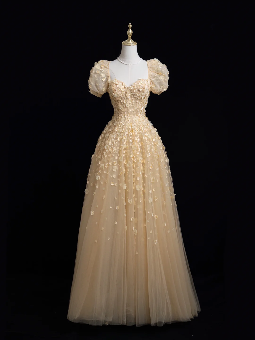 Robe de bal longue princesse trapèze à col carré et tulle doré à fleurs, tenue impressionnante pour un 20e anniversaire, robe de bal RB1875