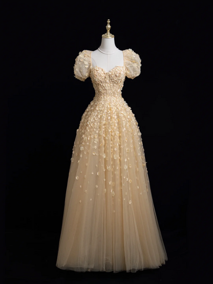 Robe de bal longue princesse trapèze à col carré et tulle doré à fleurs, tenue impressionnante pour un 20e anniversaire, robe de bal RB1875