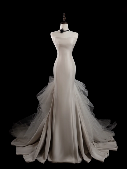 Vintage Mermaid Strapless Sleeveless White Fitted Long Wedding Dress Bride Gown Wedding Dresses RB1876