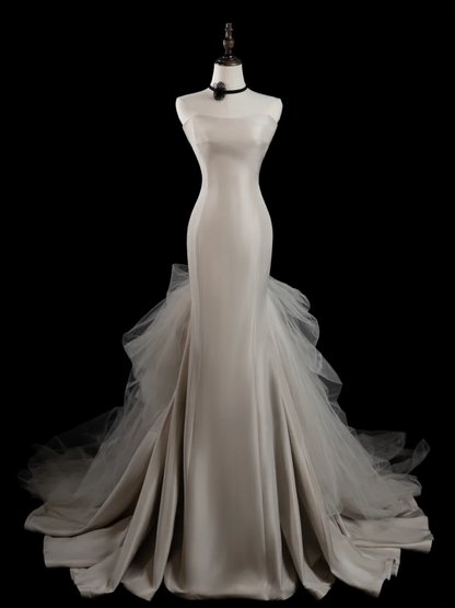 Vintage Mermaid Strapless Sleeveless White Fitted Long Wedding Dress Bride Gown Wedding Dresses RB1876
