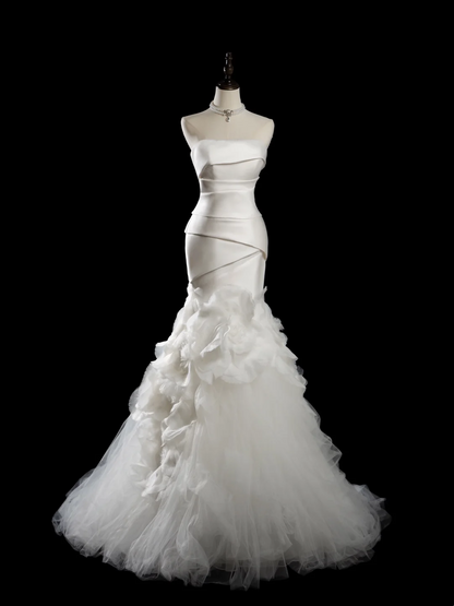 Vintage Mermaid Strapless Sleeveless White Fitted Pleated Long Wedding Dress Bride Gown Wedding Dresses RB1877