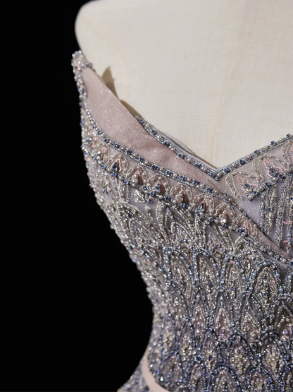 Robe de mariée longue et luxueuse, coupe trapèze, décolleté en cœur, sans manches, à paillettes et perles, ajustée, RB1877