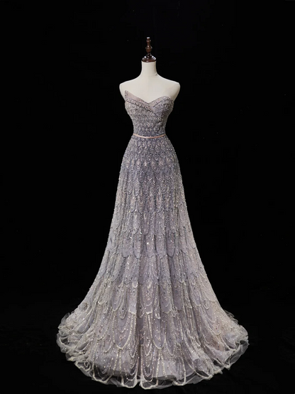 Robe de mariée longue et luxueuse, coupe trapèze, décolleté en cœur, sans manches, à paillettes et perles, ajustée, RB1877