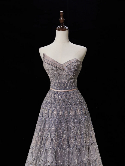 Robe de mariée longue et luxueuse, coupe trapèze, décolleté en cœur, sans manches, à paillettes et perles, ajustée, RB1877