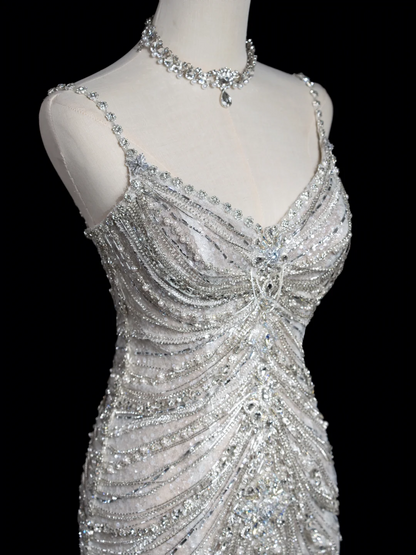 Vintage Mermaid Spaghetti Strap Sleeveless Sequin Fitted Beaded Long Wedding Dress Bride Gown Wedding Dresses RB1878