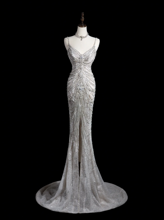 Vintage Mermaid Spaghetti Strap Sleeveless Sequin Fitted Beaded Long Wedding Dress Bride Gown Wedding Dresses RB1878