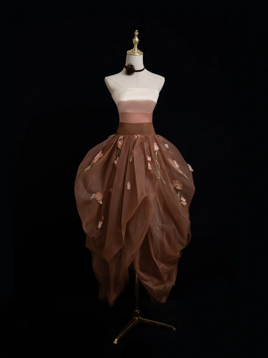 Retro Ball Gown Strapless Brown Tulle Prom Dresses Impress 18th Birthday Outfits Prom Gown RB1878