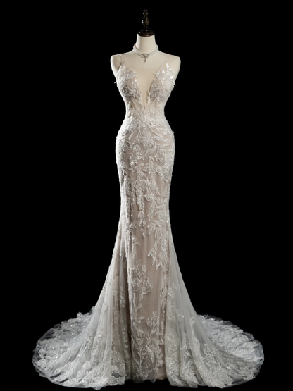 Robe de mariée sirène vintage à bretelles spaghetti, sans manches, en dentelle à paillettes, ajustée et perlée, longue, RB1879