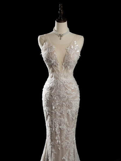 Robe de mariée sirène vintage à bretelles spaghetti, sans manches, en dentelle à paillettes, ajustée et perlée, longue, RB1879